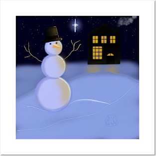 Snowman Night Landscape Posters and Art